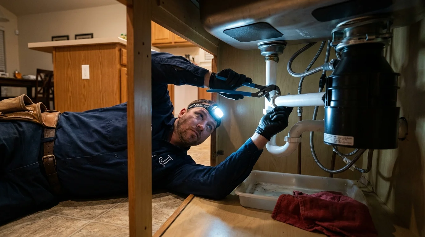 P-trap and supply line connections under a kitchen sink showing a common leak point in Swainsboro, GA
